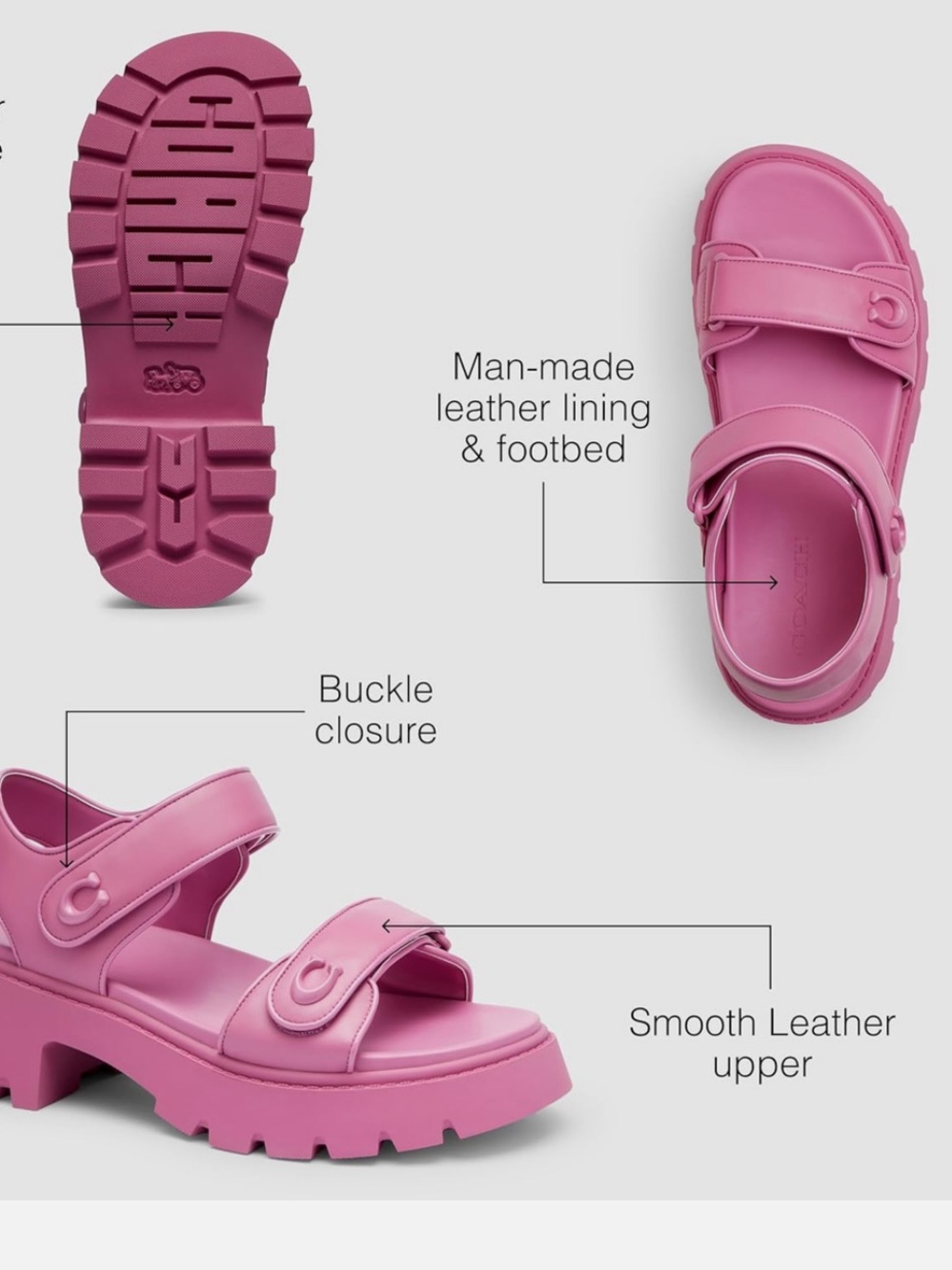 COACH Women's Pink Berry Brynn Double-Band Sporty Lug-SoleChunky Platform Sandal - Picture 6 of 16